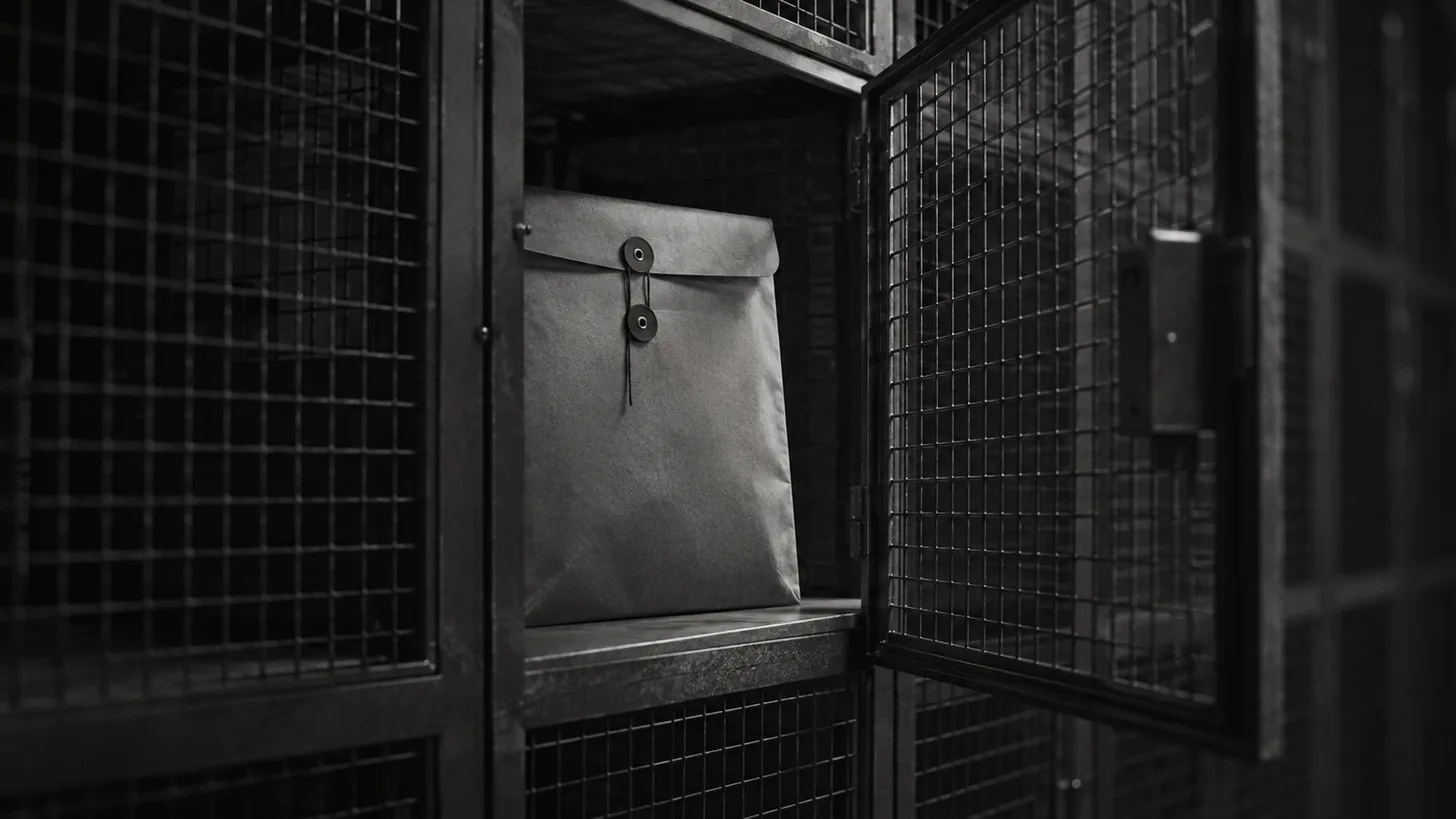 A single sealed document pouch inside a wire mesh compartment with its door slightly ajar.