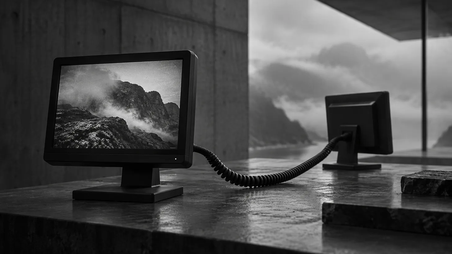 Two compact computer monitors at different depths connected by a visible coiled cable.