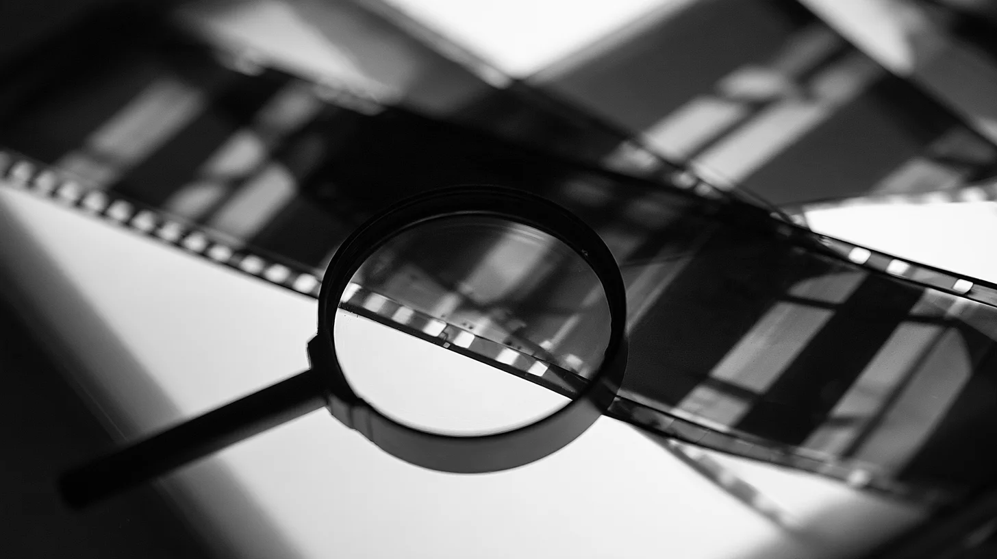 A magnifying glass rests over photographic film strips on an illuminated surface.
