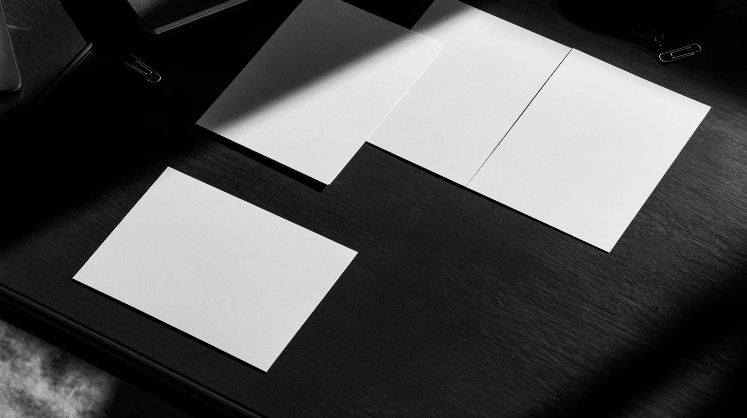 Blank sheets of paper and paper clips arranged on a dark wooden desk.