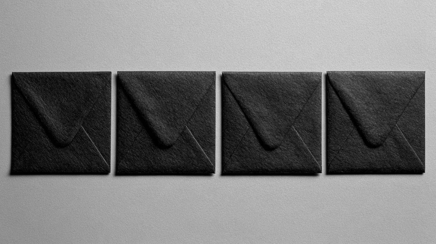 Four dark closed envelopes arranged separately in a horizontal row.