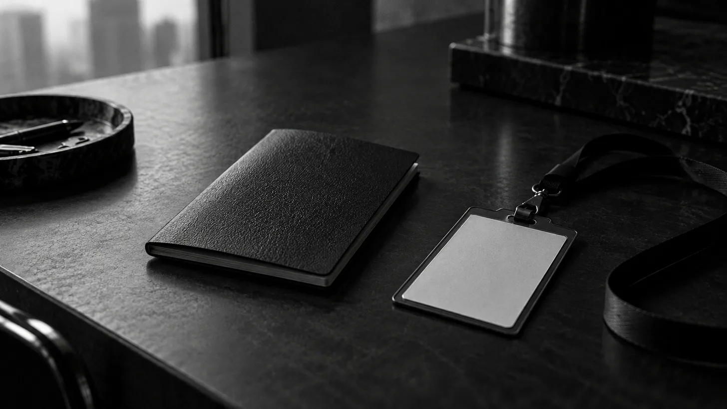 A closed blank passport-sized booklet beside a blank employee badge on a dark desk.
