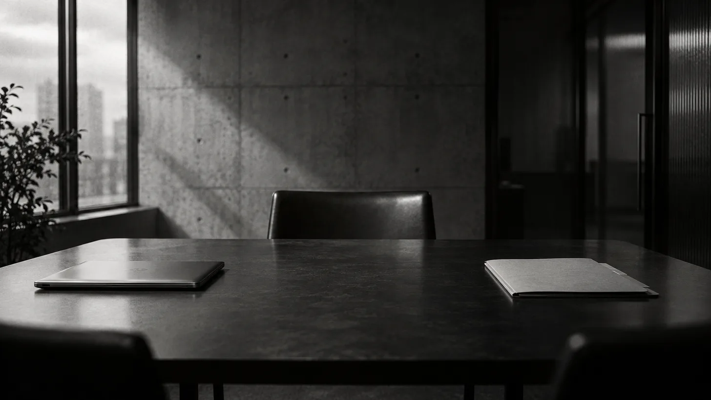 A closed laptop and an unmarked assessment folder on opposite sides of an interview table.