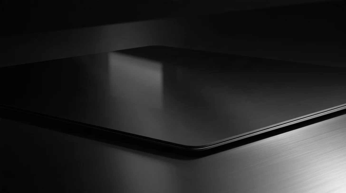 A closed dark laptop reflects a soft rectangular light on a metal work surface.