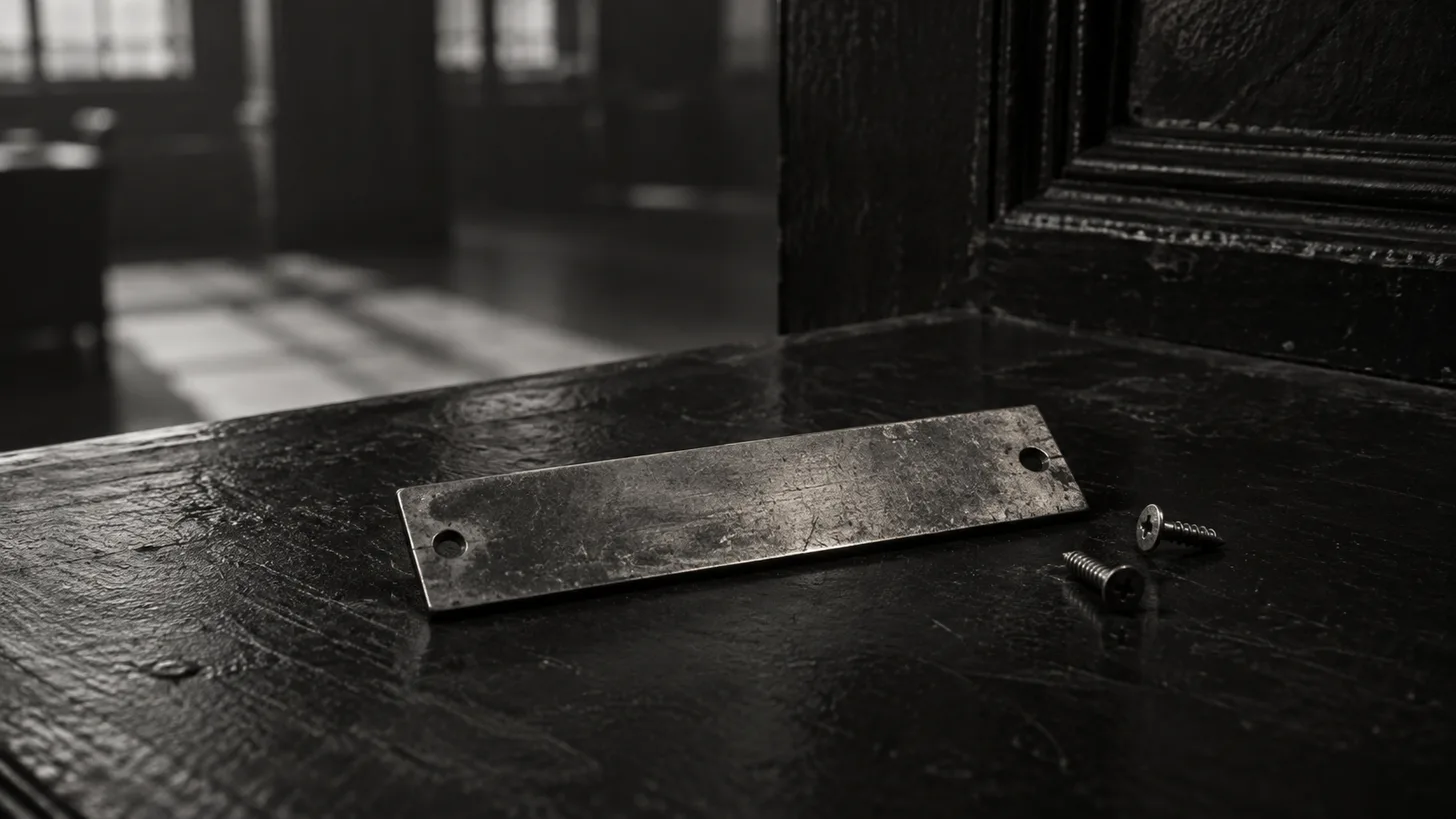 An unmarked brass nameplate removed from a dark office door with its two mounting screws beside it.