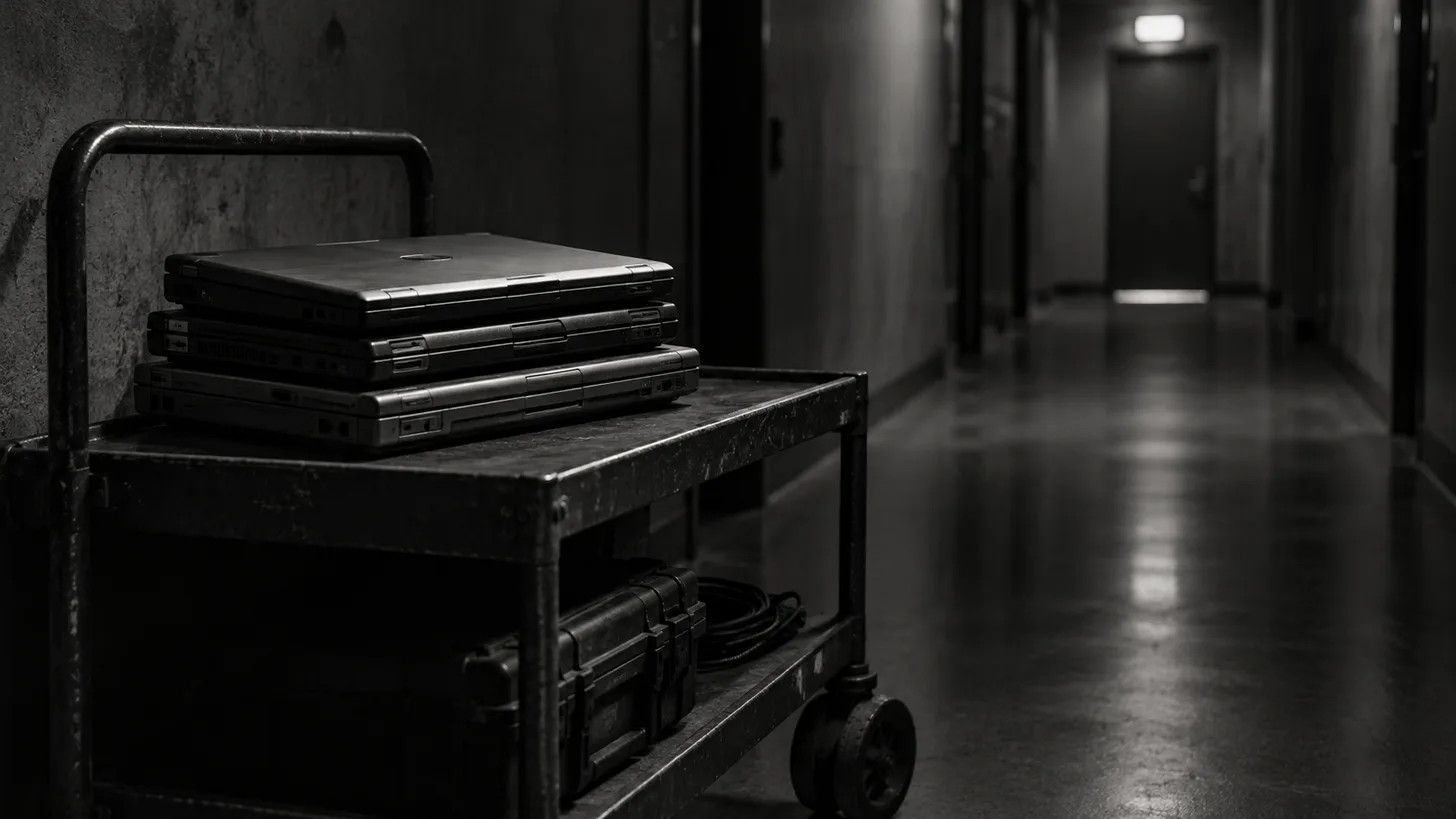 Three closed old laptops stacked on a wheeled equipment cart in a dark hallway.