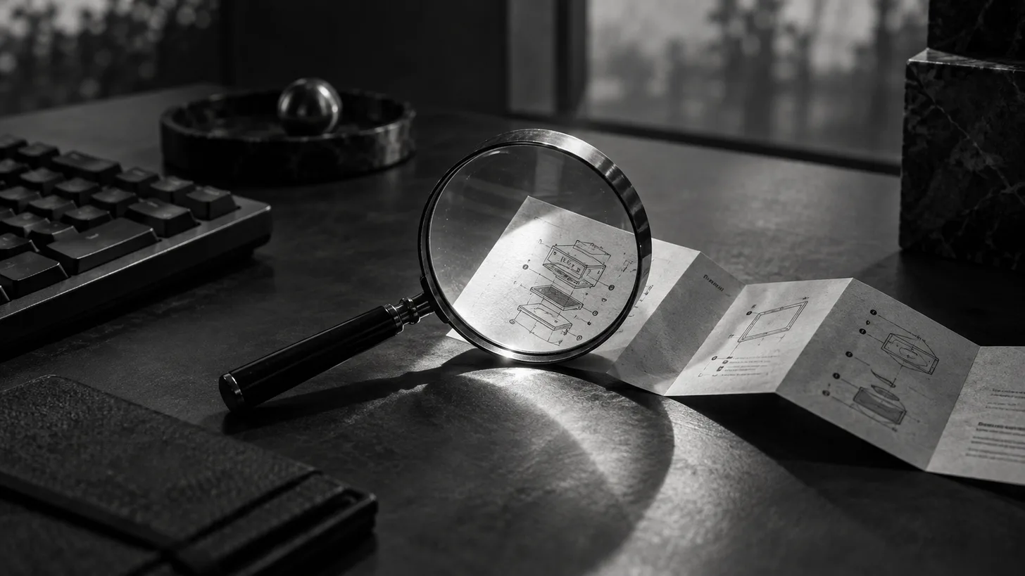 A desktop magnifying glass focusing light onto a narrow folded instruction sheet beside a keyboard.