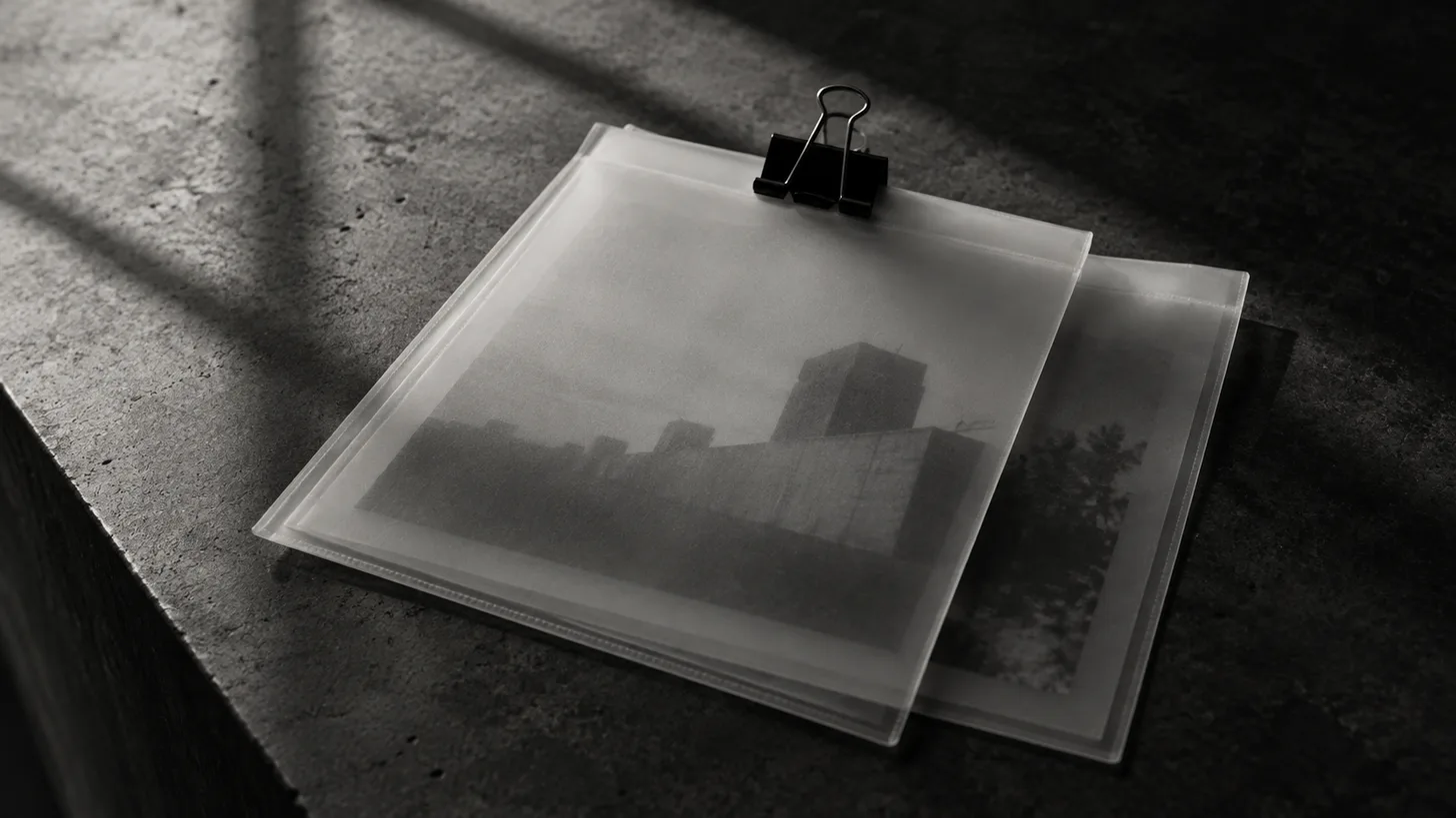 Two translucent document sleeves overlapping beneath a single dark binder clip.