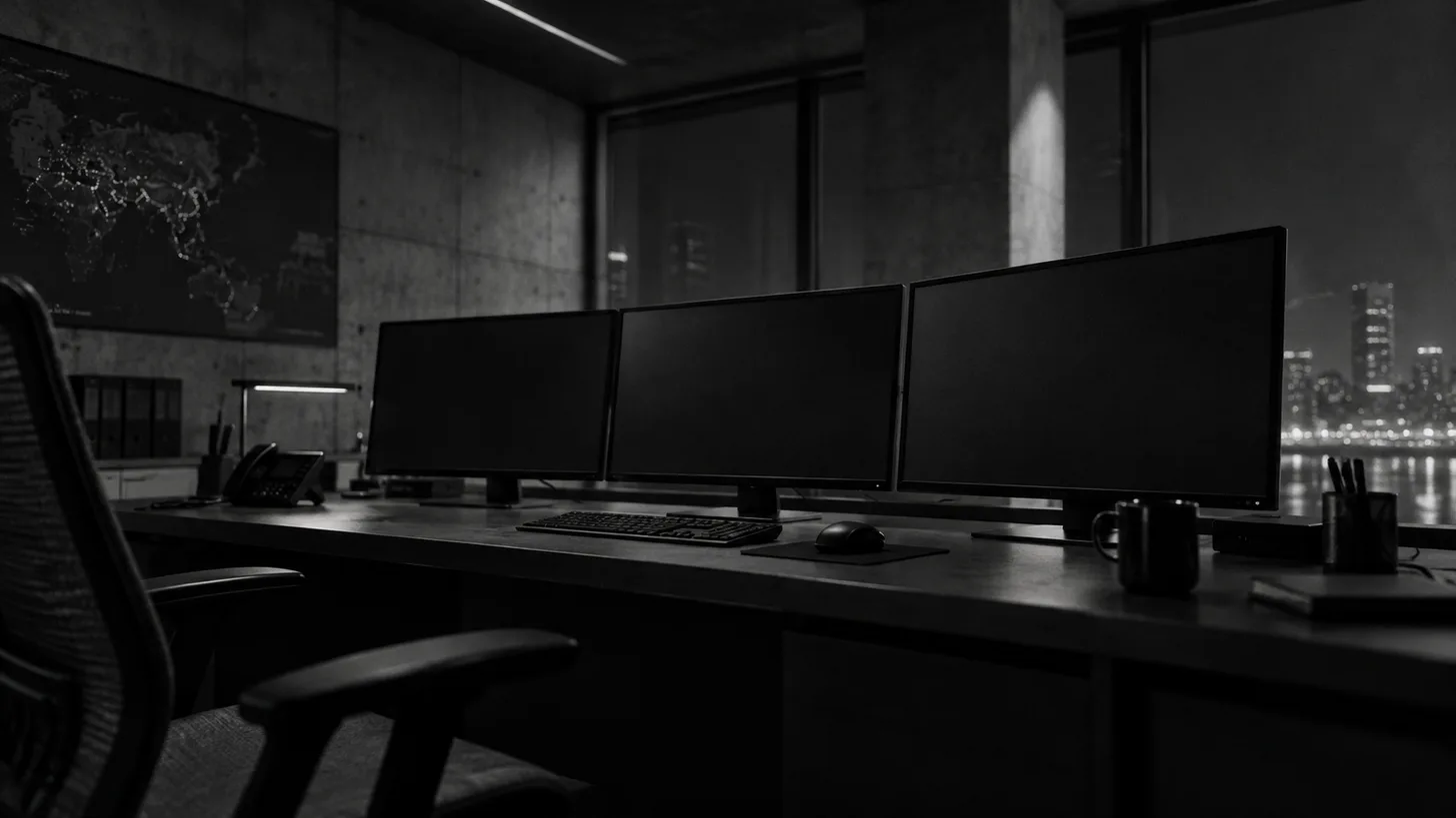 Three blank monitoring screens in a dim empty security operations room, angled perspective.