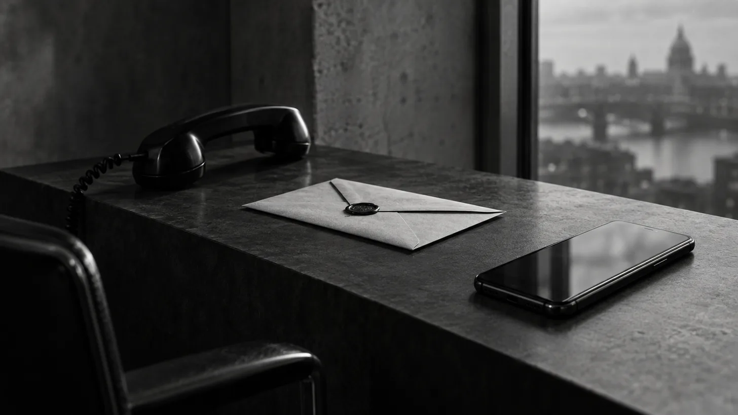 A phone receiver, a sealed envelope and a dark smartphone aligned along three perpendicular edges of a desk.