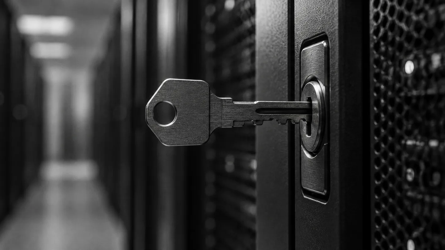 A precision-cut metal key aligned with a narrow server cabinet lock, macro side view.