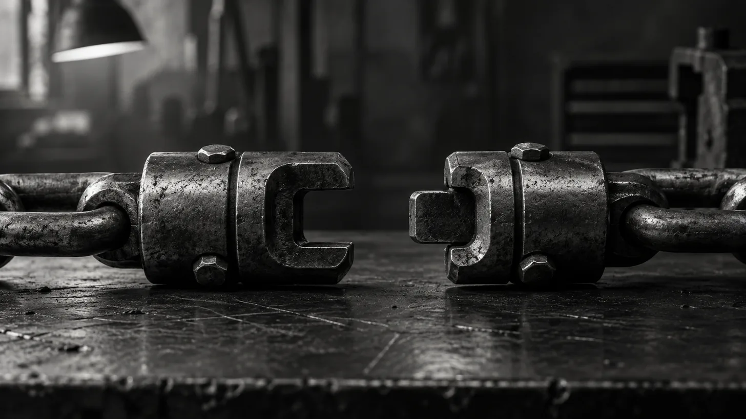 Two linked metal couplings separated by a visible gap on a black industrial workbench.