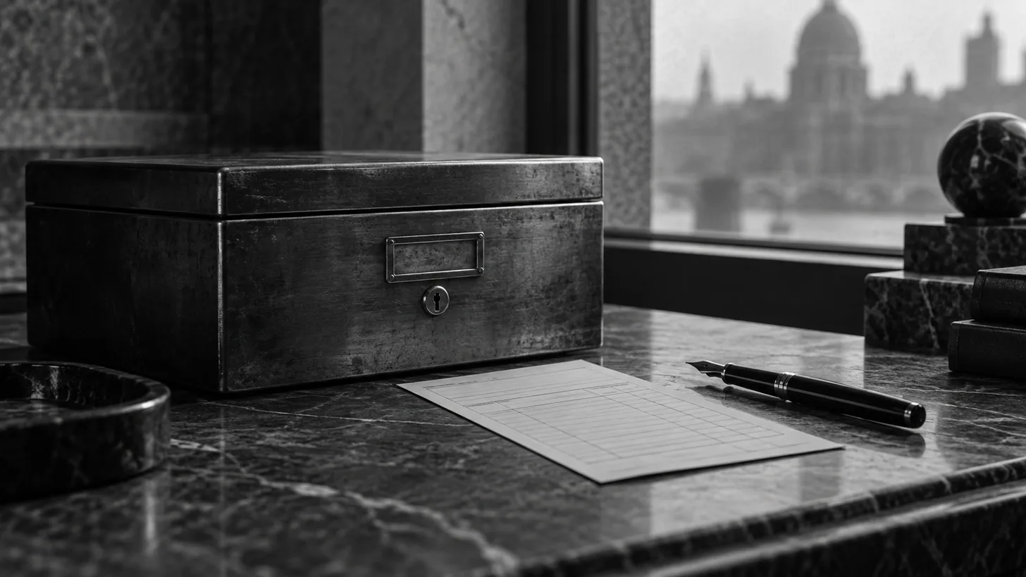A metal account ledger box beside a paper payment slip and a fountain pen,