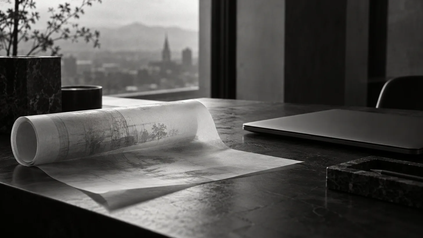 A translucent rolled tracing paper sheet next to a closed laptop on a dark desk, soft backlight.
