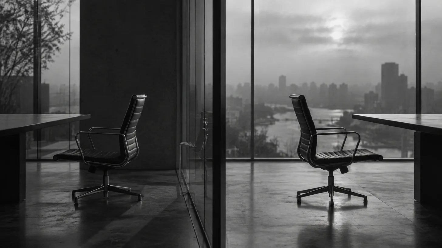Two empty conference chairs facing opposite sides of a glass meeting-room partition.