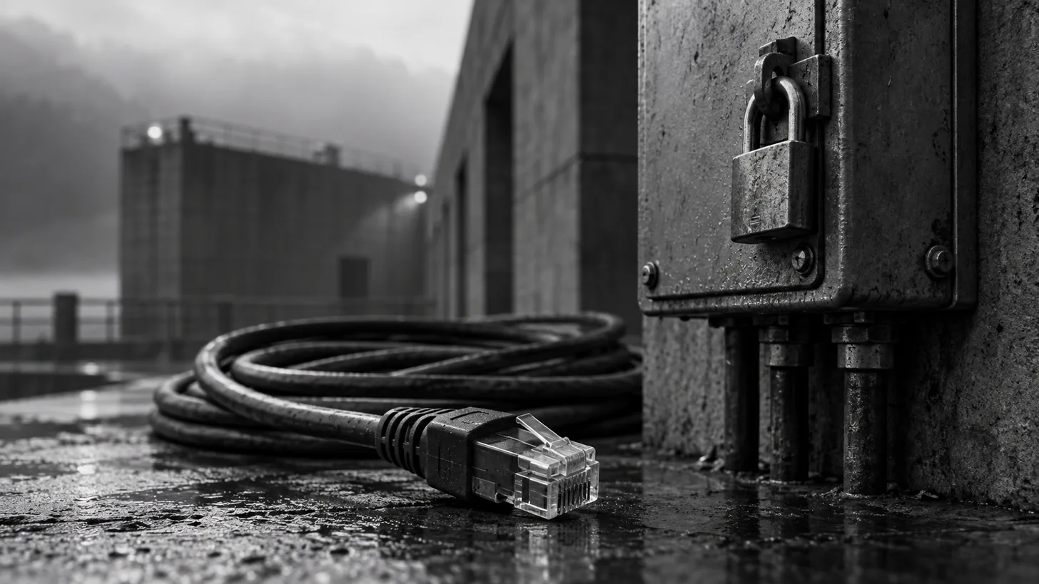 A coiled network cable terminating beside a locked industrial junction box, crisp connector in foreground.