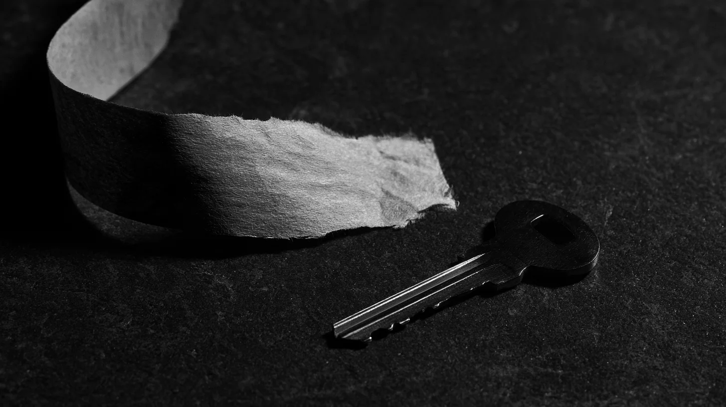 A torn strip of paper curls beside a metal key on a dark surface.