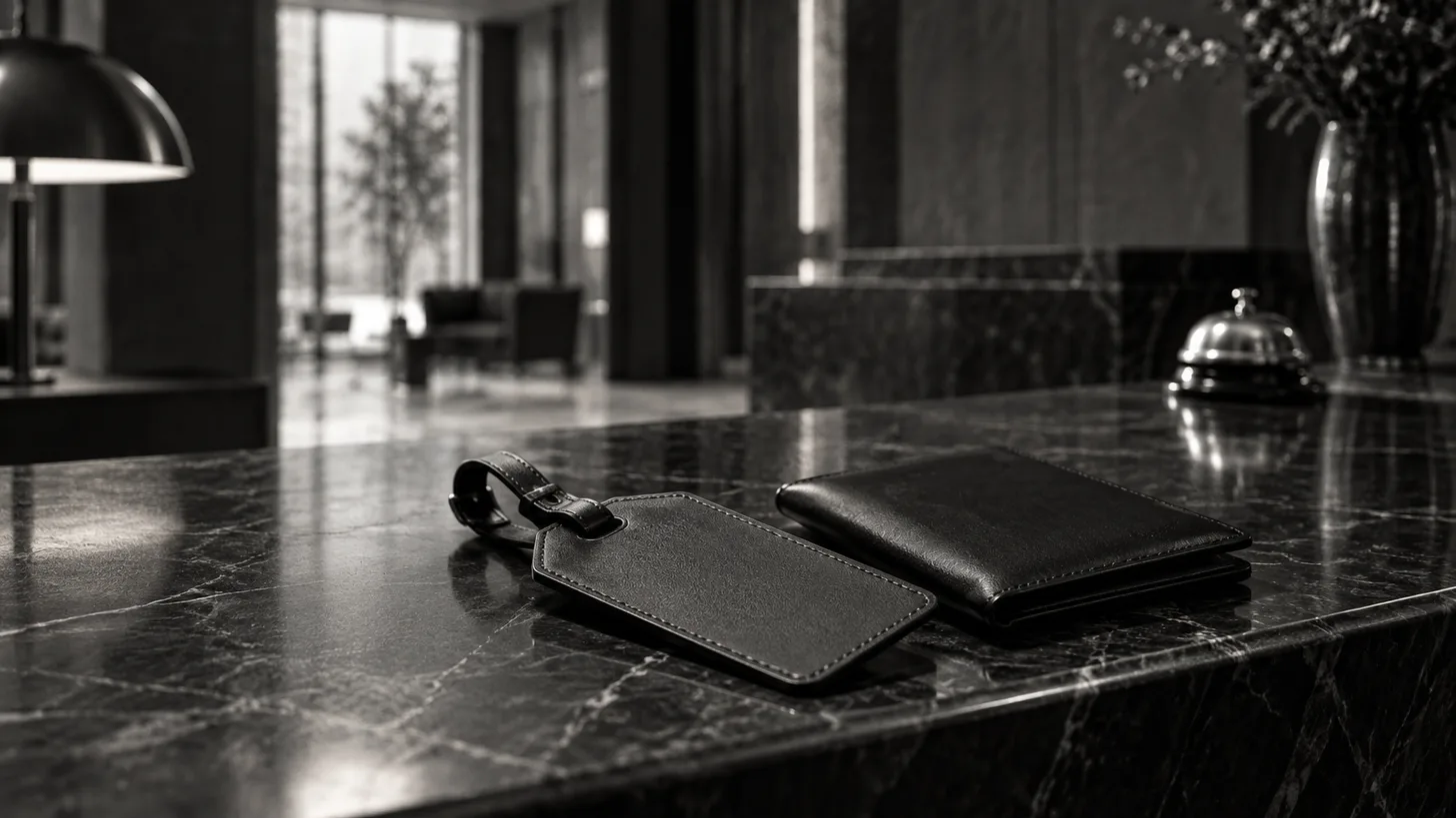 An unmarked luggage tag and a dark travel wallet on a hotel reception counter.
