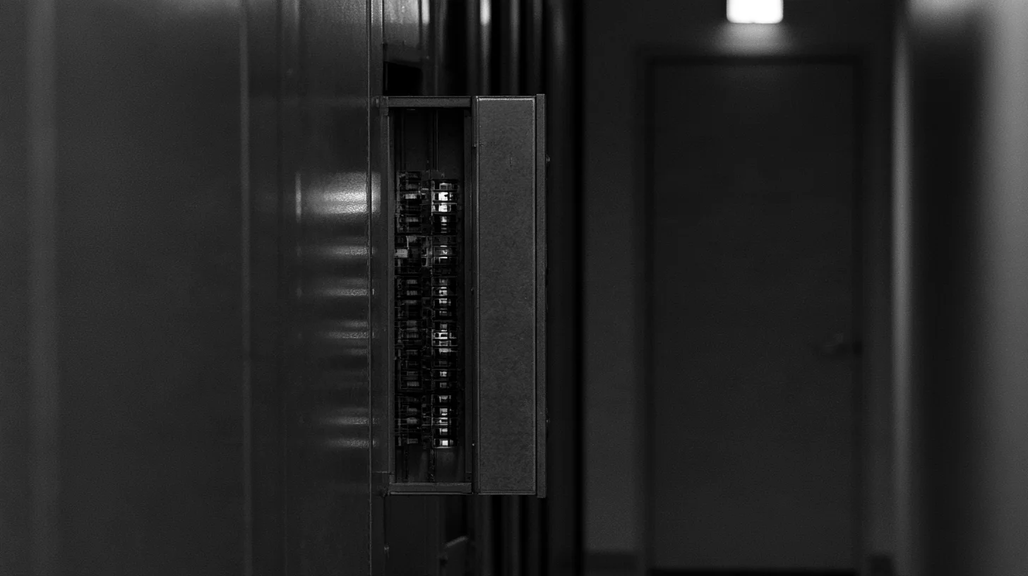 An open wall-mounted electrical panel beside a softly blurred closed door.
