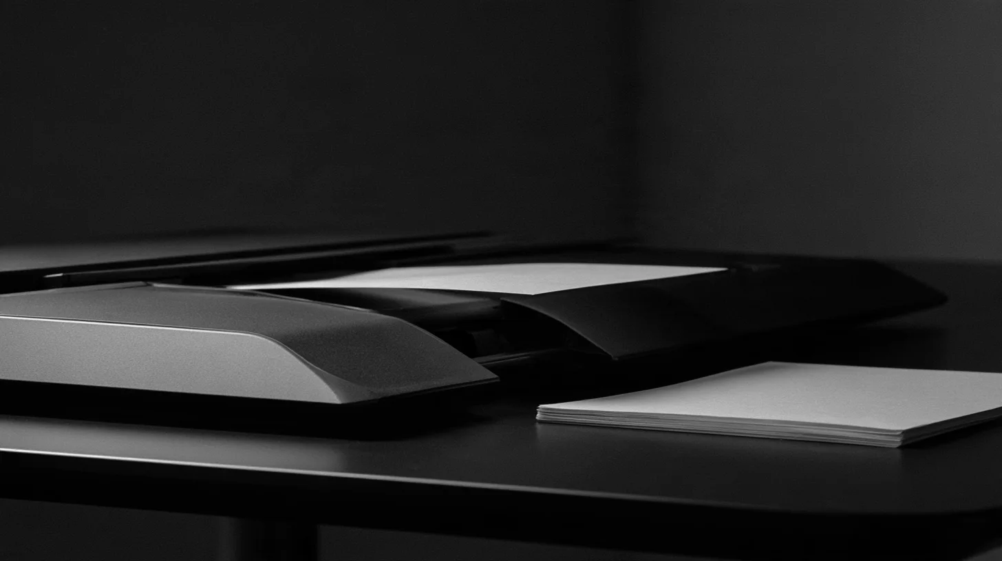 A document scanner with a sheet in its feeder and a separate stack of paper beside it.