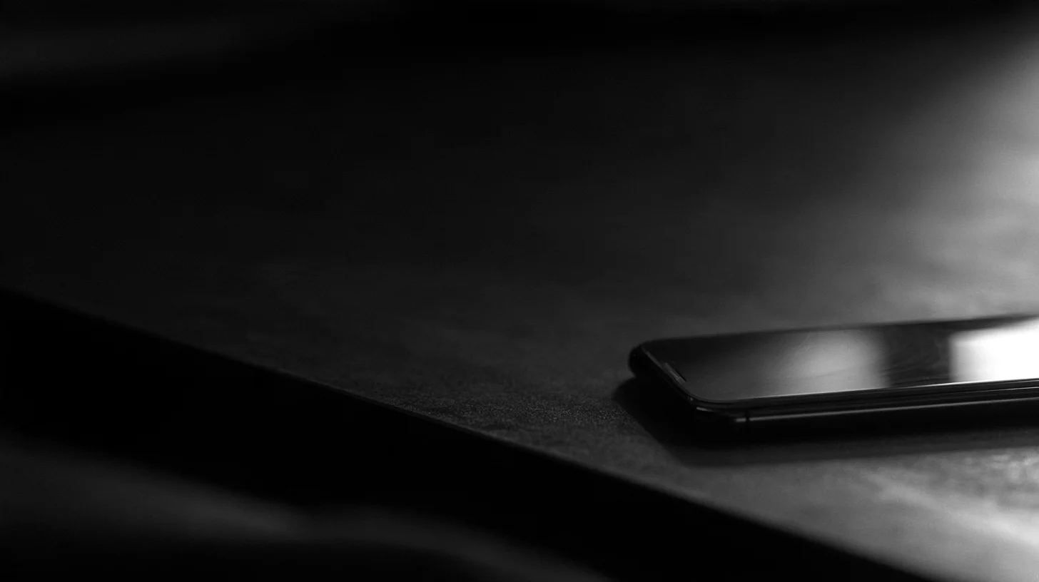 A phone with a dark reflective screen resting on the edge of a desk.
