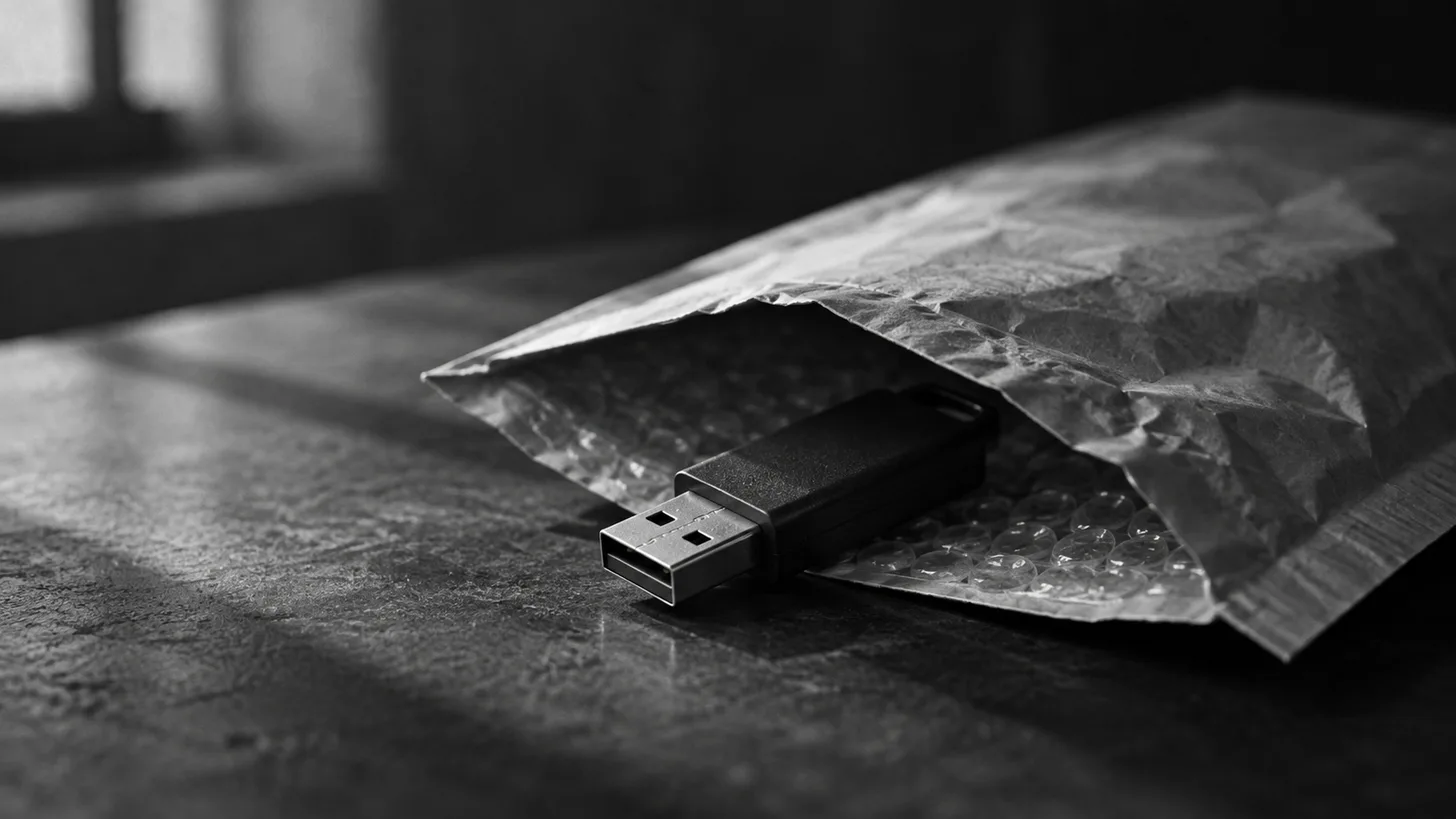 A single USB flash drive inside a partly open unmarked padded delivery envelope.
