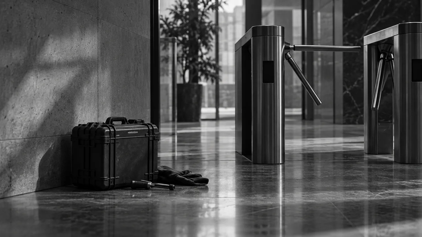 An unattended maintenance tool case beside an office access turnstile.