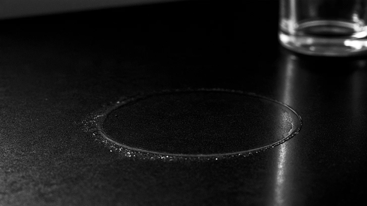 A condensation ring on a dark tabletop, with the base of a glass farther behind it.