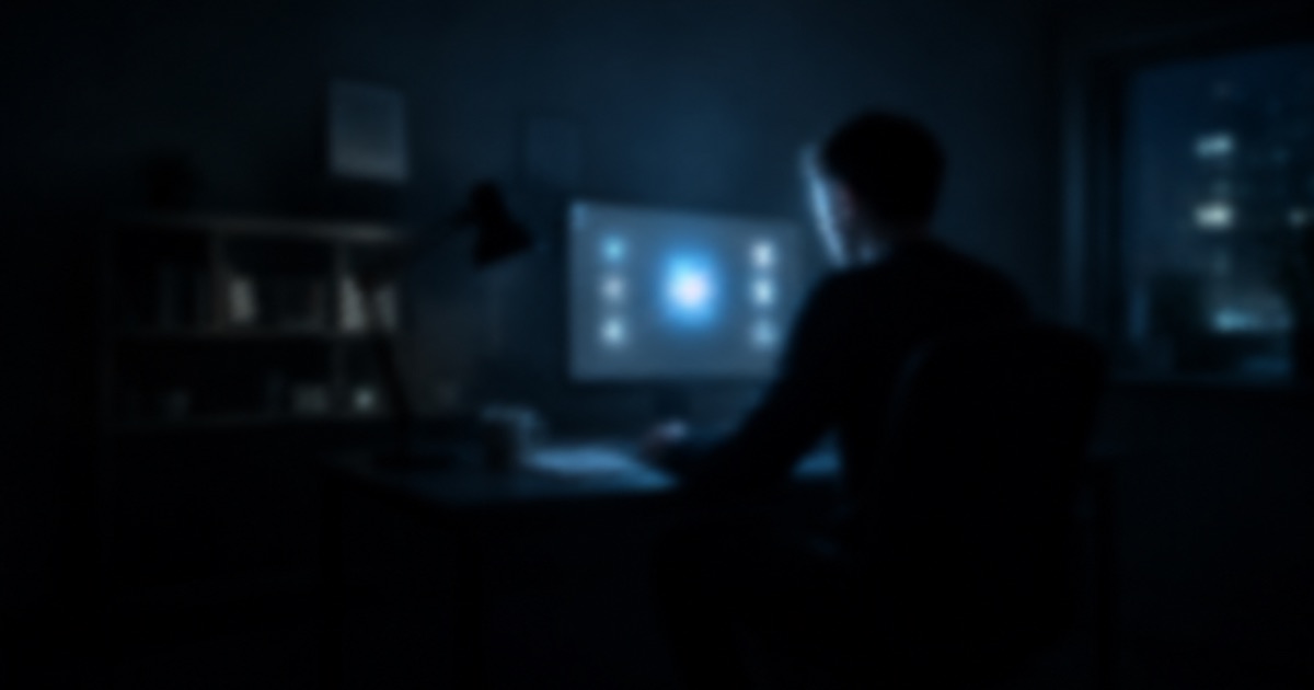 A silhouetted figure at a computer in a dark room.