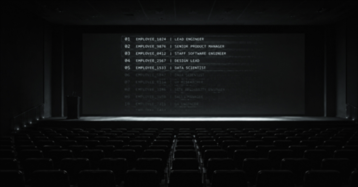 An empty cinema with employee roles ranked on the screen.